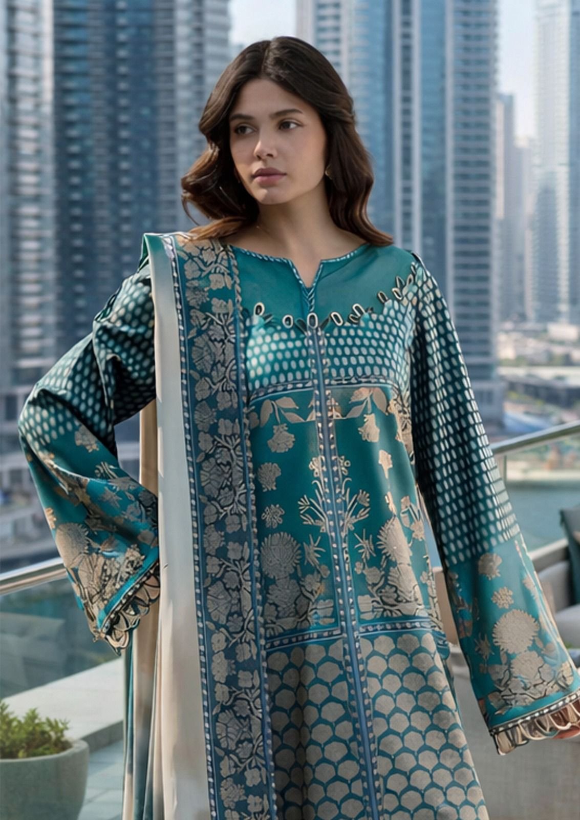 NOOR AHMED VOL 4 HEAVY LAWN COLLECTION JADE (Cotton Dupatta) - Image 18