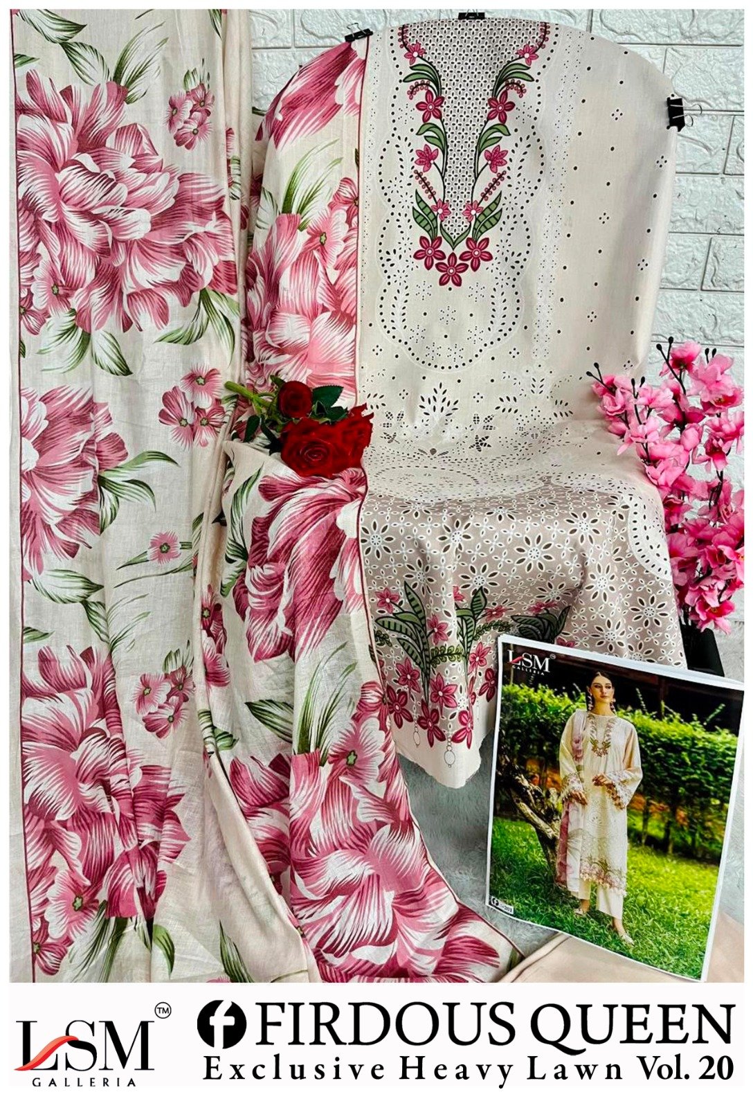 FIRDOUS QUEEN EXCLUSIVE HEAVY LAWN COLLECTION VOL 20 LSM (cotton Dupatta) - Image 10
