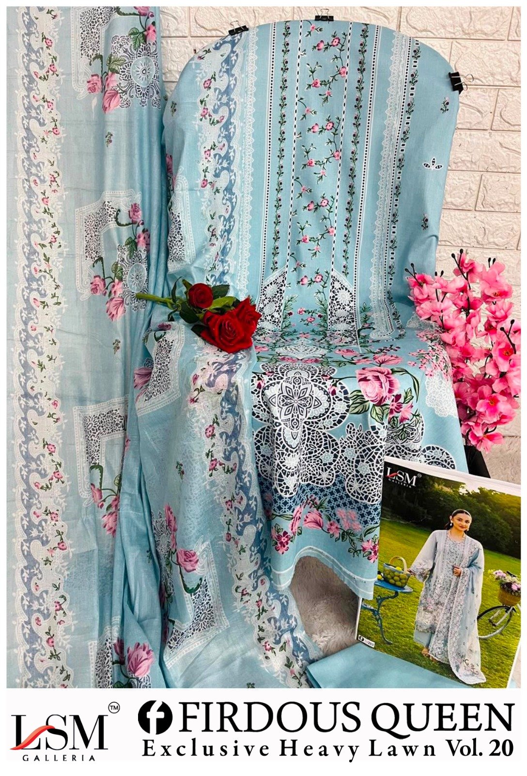 FIRDOUS QUEEN EXCLUSIVE HEAVY LAWN COLLECTION VOL 20 LSM (cotton Dupatta) - Image 4
