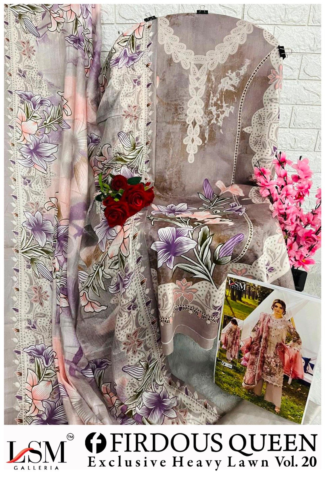 FIRDOUS QUEEN EXCLUSIVE HEAVY LAWN COLLECTION VOL 20 LSM (cotton Dupatta) - Image 7