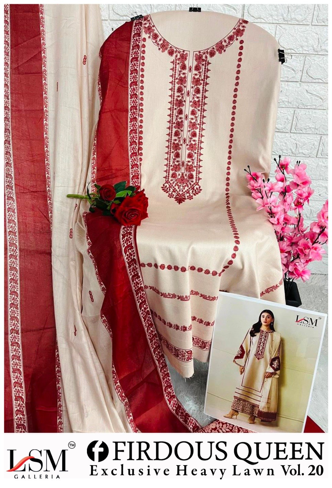 FIRDOUS QUEEN EXCLUSIVE HEAVY LAWN COLLECTION VOL 20 LSM (cotton Dupatta) - Image 8
